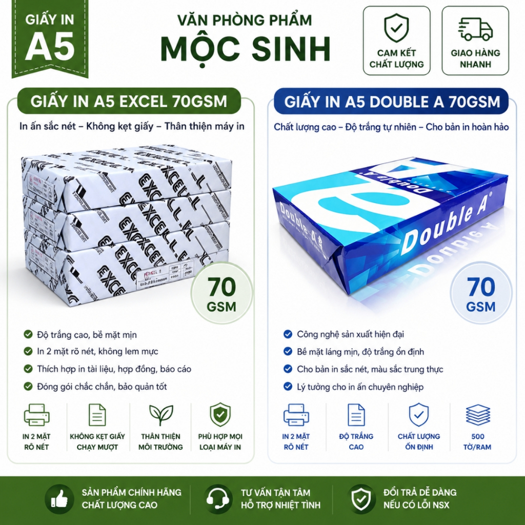 Combo 2, 3, 5 Giấy In A5 Excel 70gsm, GIấy In Double A5 70gsm 500 Tờ Giấy Photo Cao Cấp In Máy In La