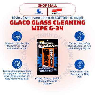 [HỎA TỐC] Vệ sinh kính nano ô tô SOFT99 Glaco Glass Cleaning Wipe G-34 - Gói 10 tờ