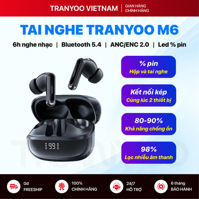 Tai Nghe Bluetooth TRANYOO T-M6 Bluetooth 5.4 Chống Ồn ANC/ENC 2.0 4 Mic Đàm Thoại Led Hiện % Pin
