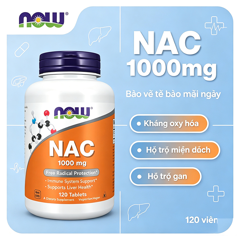 NAC 1000mg Now Foods N-Acetyl Cysteine chống oxy hóa, hỗ trợ gan và đường hô hấp