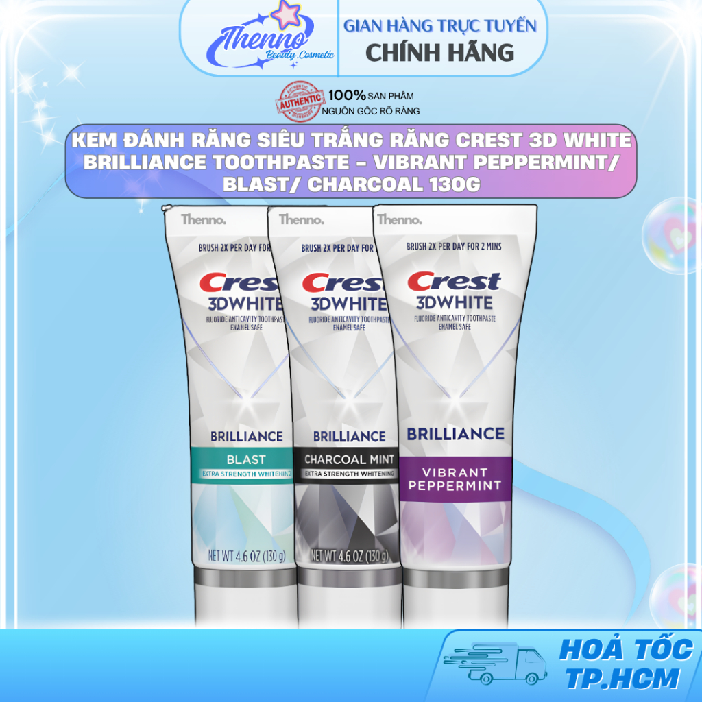Kem Đánh Răng Siêu Trắng Răng Crest 3D White Brilliance Toothpaste Vibrant Peppermint/ Blast/ Charco
