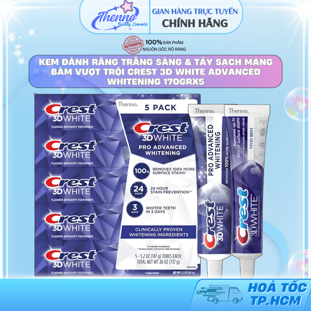 Kem Đánh Răng Trắng Sáng & Tẩy Sạch Mảng Bám Vượt Trội Crest 3D White Advanced Whitening 170gr