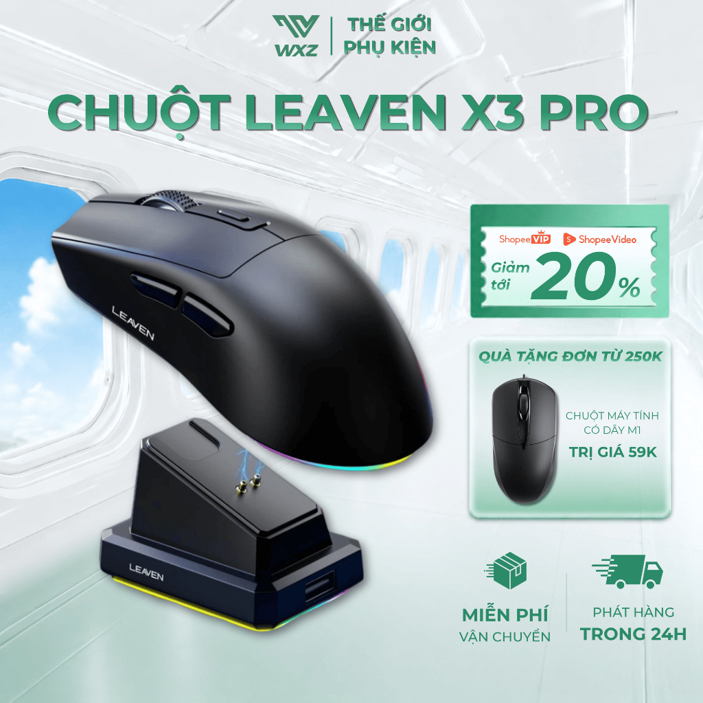 Chuột Gaming Leaven X3 Không Dây Có Dock Sạc, Chip Pro Hiệu Năng Cao, 3 Mức DPI, Thiết Kế Ergonomic