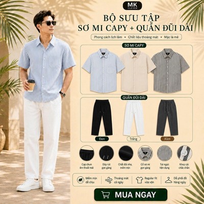 Bộ sưu tập set Sơ Mi Capy + Quần Đũi lụa dài MK CLEVER Bộ Nam Form Thoải mái, Thoáng mát ,Trẻ trung mùa hè