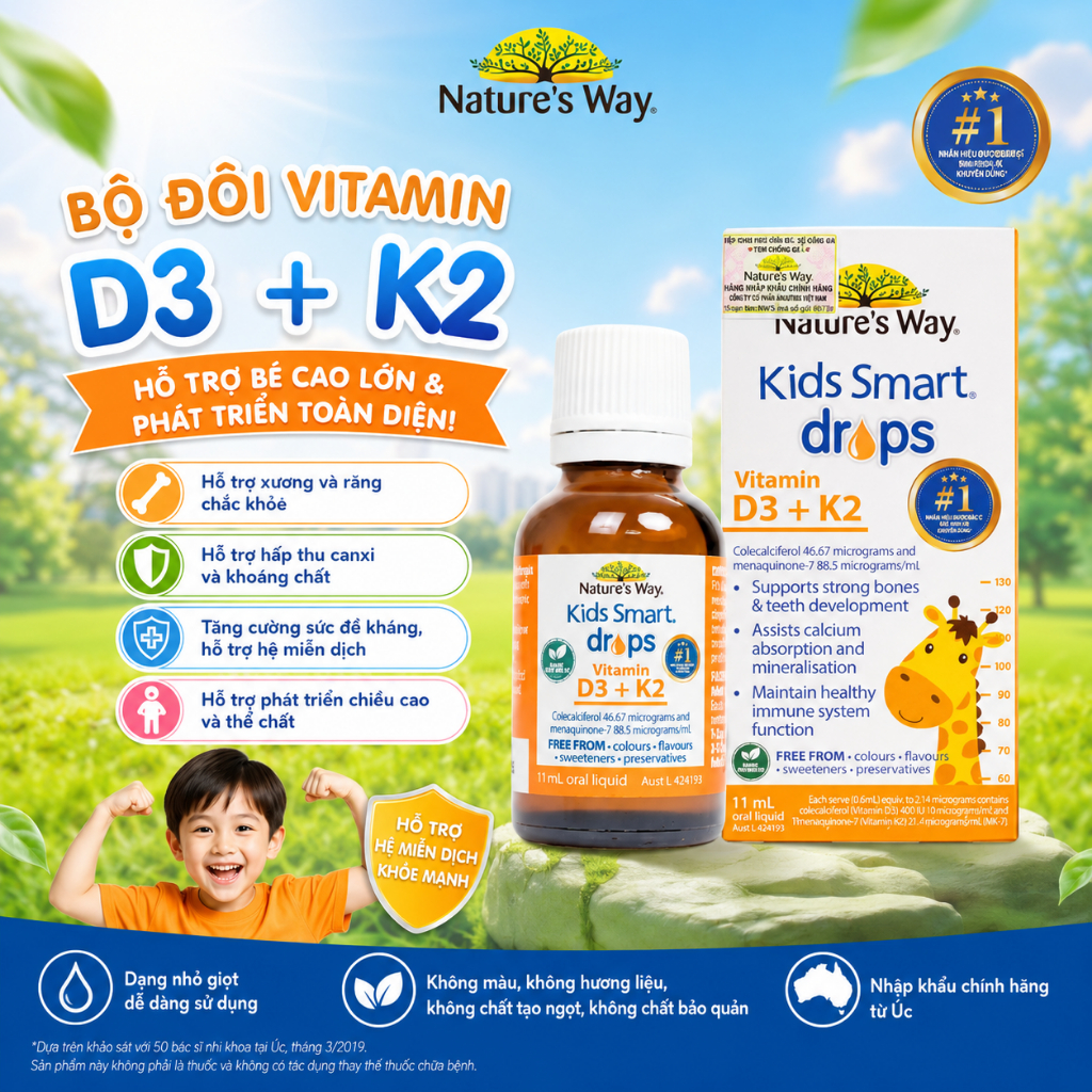 Nature's Way Kids Smart Drops Vitamin D3 + K2 - Vitamin D3K2 Organic 11ml DATE 3/2027, 4/2027