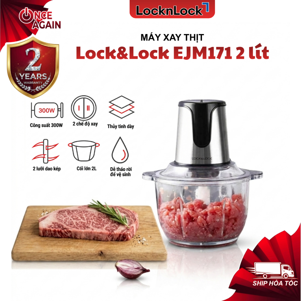 Máy Xay Thịt Lock&Lock 2 Lít EJM171 300W Cối Thủy Tinh Chịu Lực, Lưỡi Dao Thép Không Gỉ Kháng Khuẩn