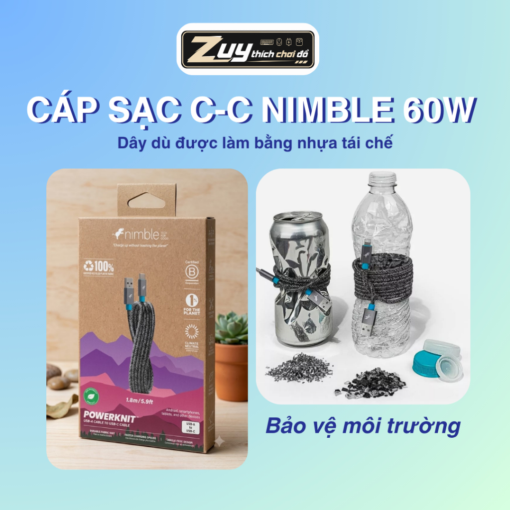 Cáp sạc Nimble PowerKnit TYPE C - C 3A 60W, Bọc Dù Chắn Chắn, Nhựa Tái Chế Siêu Bền