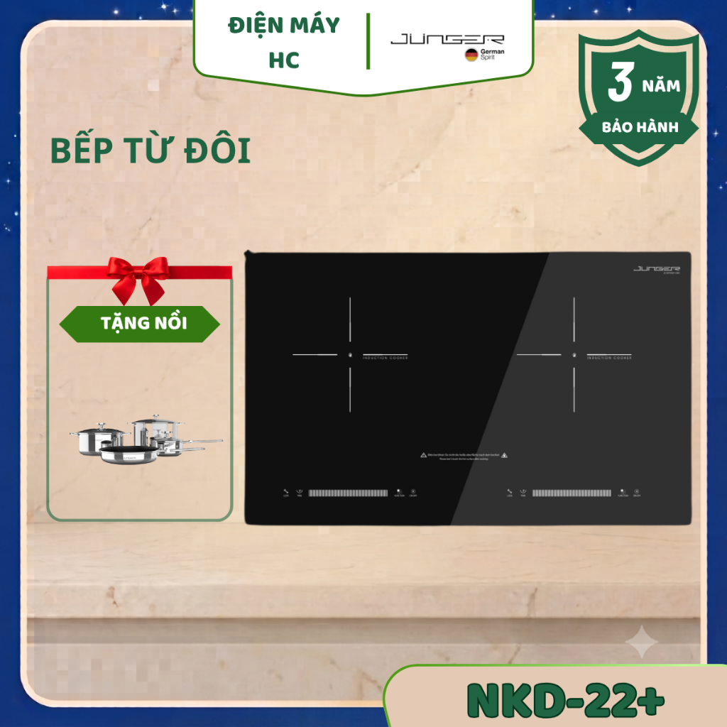Bếp Từ Đôi Junger NKD-22+ – Nấu Ăn Nhanh Chóng, Tặng Kèm Bộ Nồi Inox 7 Chi Tiết Junger CWJ-070