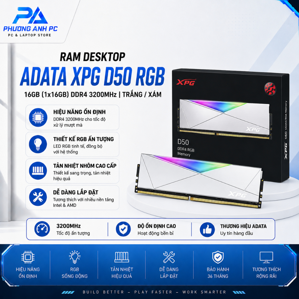 Ram Adata XPG D50 RGB Trắng / Xám 16GB (1x16) DDR4 3200Mhz - Bảo hành 36 tháng PhuongAnh.PC