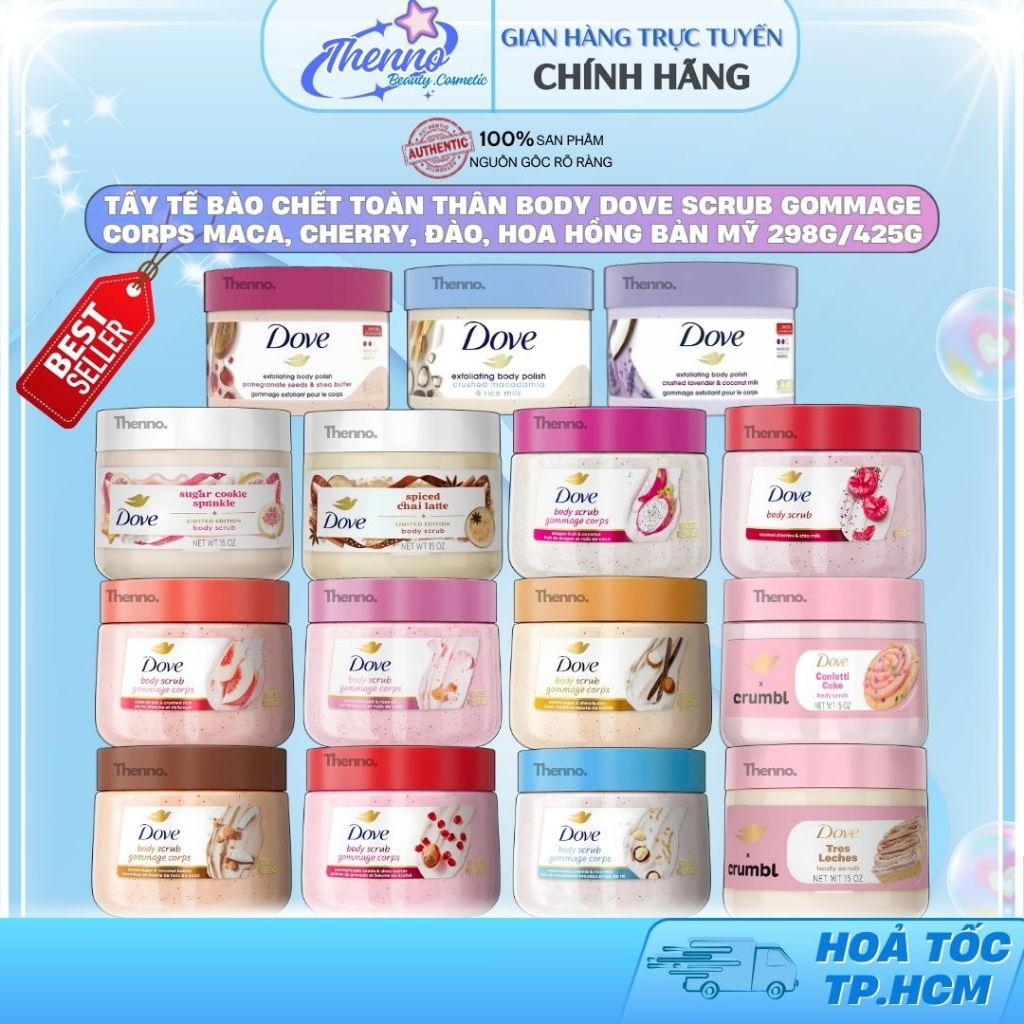 Tẩy Tế Bào Chết Toàn Thân Body Dove Scrub Gommage Corps Maca, Cherry, Đào, Hoa Hồng Bản Mỹ 298g/425g