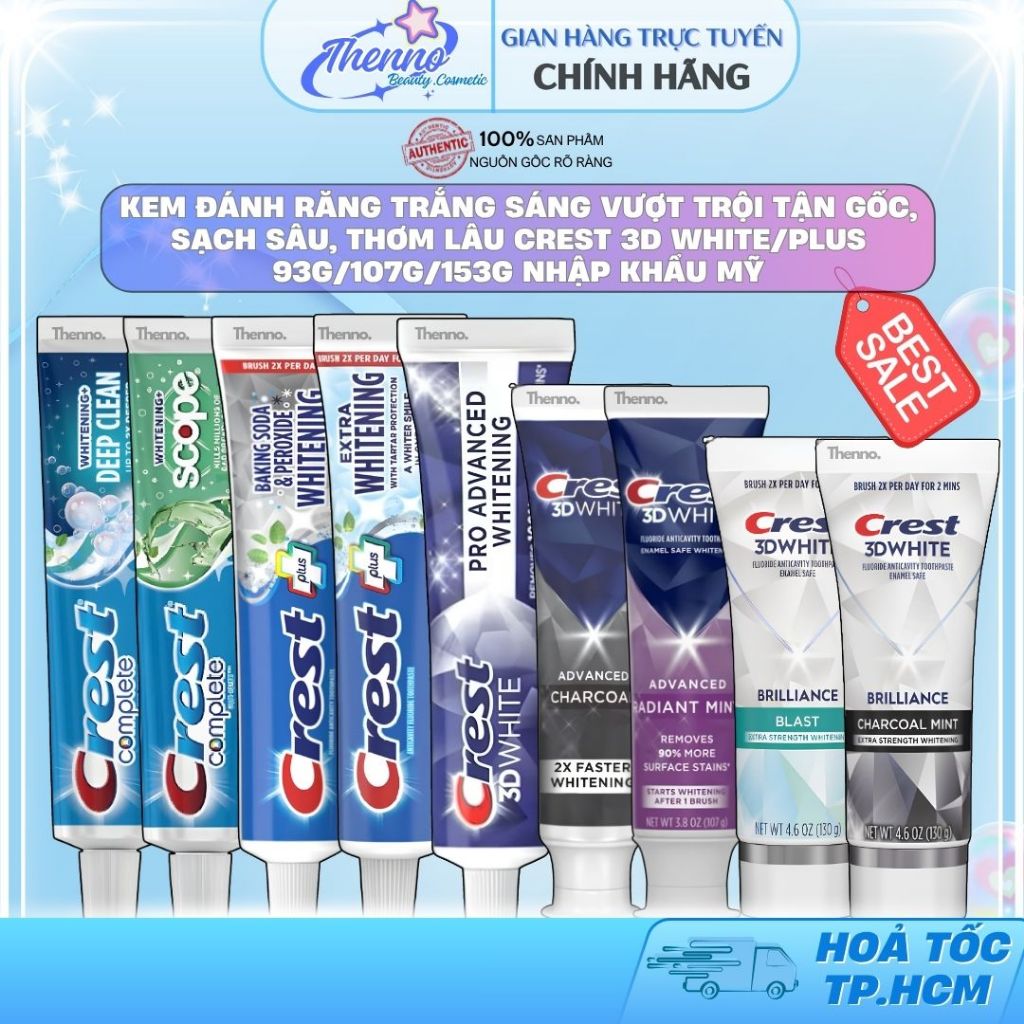 Kem Đánh Răng Trắng Sáng Vượt Trội Tận Gốc, Sạch sâu, Thơm Lâu Crest 3D White/Plus 93g/107g/153g Nhậ
