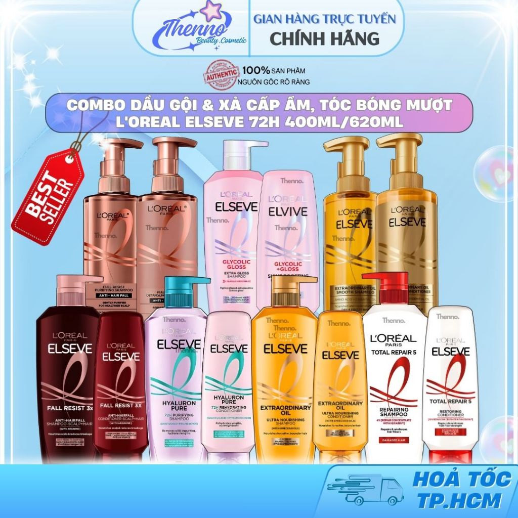 Combo Dầu Gội & Xả Cấp Ẩm, Tóc Bóng Mượt L'oreal Elseve Hyaluron Moisture 72H 400ml/620ml