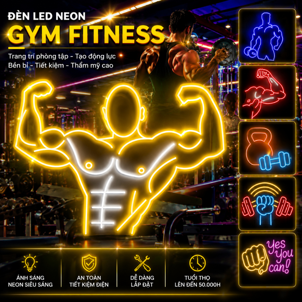 Đèn LED Neon Gym Fitness Treo Tường Decor Phòng Gym, Phòng Tập Thể Hình, Studio Fitness, Ánh Sáng Si