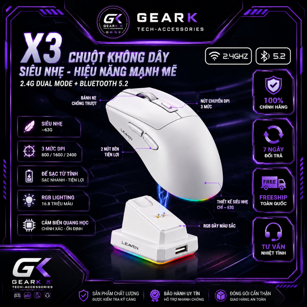 Chuột Gaming Không Dây LEAVEN X3 Bluetooth 5.2 + 2.4GHz RGB Dock Sạc