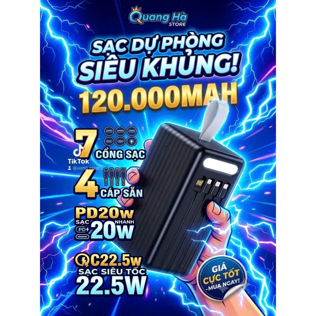 Pin Sạc Dự Phòng SENRUKO 120000mAh- Sạc Nhanh 22.5W, 7 Cổng Sạc, 4 Cáp Sạc Sẵn