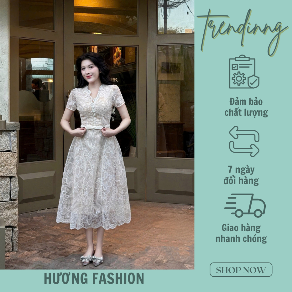 Váy ren cổ V cúc bọc Hương fashion