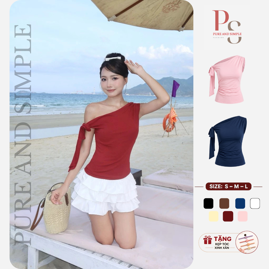 Áo ôm trễ vai PS Fashion PSA26 buộc nơ 1 bên vai, thiết kế trẻ trung - Uni By Heart
