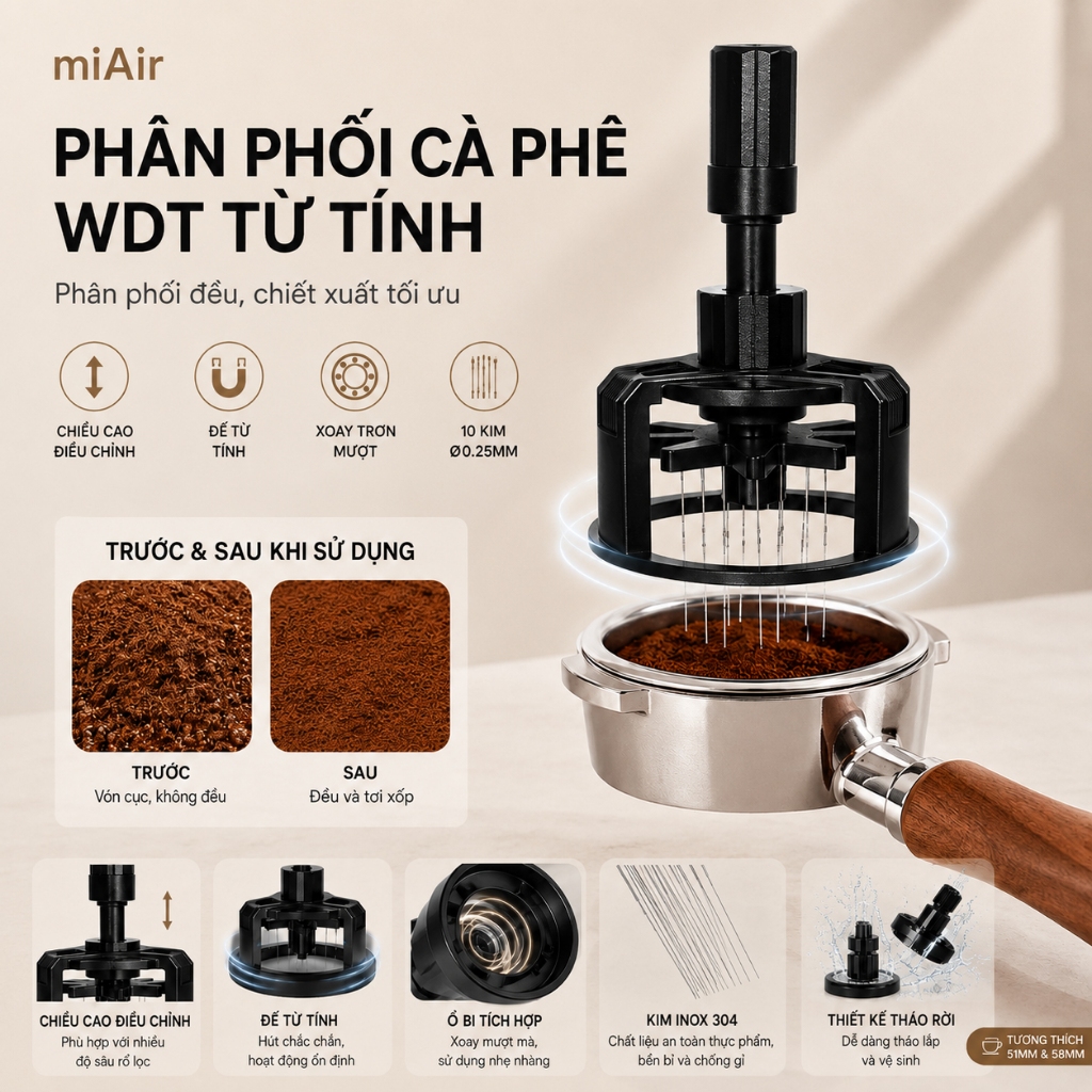 WDT Tool Espresso 51mm 58mm Dụng Cụ WDT Distributor Espresso Kim WDT Nam Châm Điều Chỉnh Độ Cao