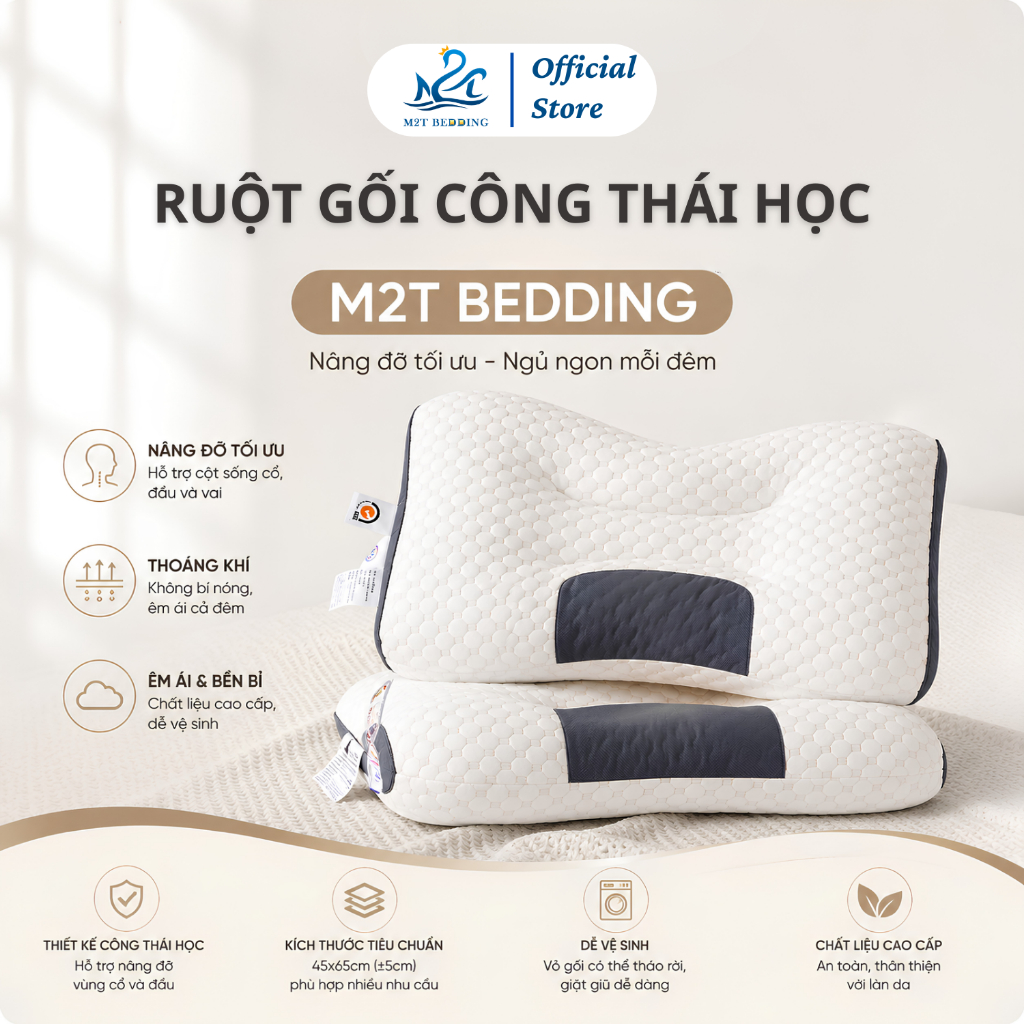 Gối công thái học M2T BEDDING ruột bông gòn kháng khuẩn - Hàng loại 1 nặng 1kg/1 chiếc