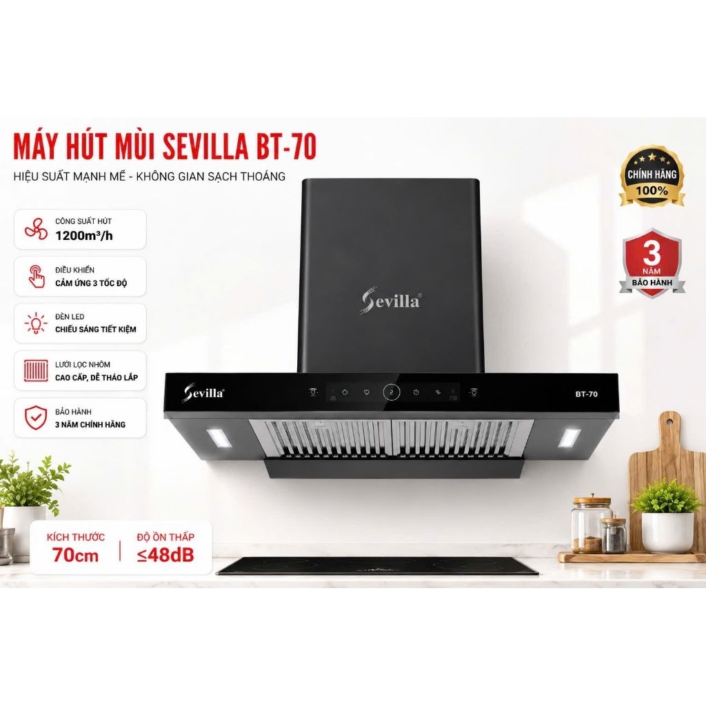 Máy Hút Mùi Chữ T Sevilla SV-BT70 Cao Cấp Điều Khiển Cảm Ứng Vẫy Tay Công Suất Hút Mạnh Bảo Hành 3 N