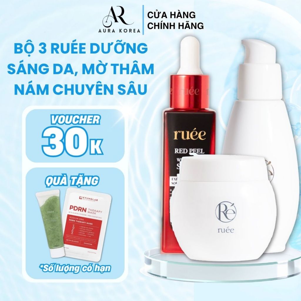 Bộ 3 Ruée Mela Toning + Mila Serum + Red Peel-Giảm Nám Tàn Nhang Dưỡng Trắng Mờ Thâm Đốm| AURA KOREA