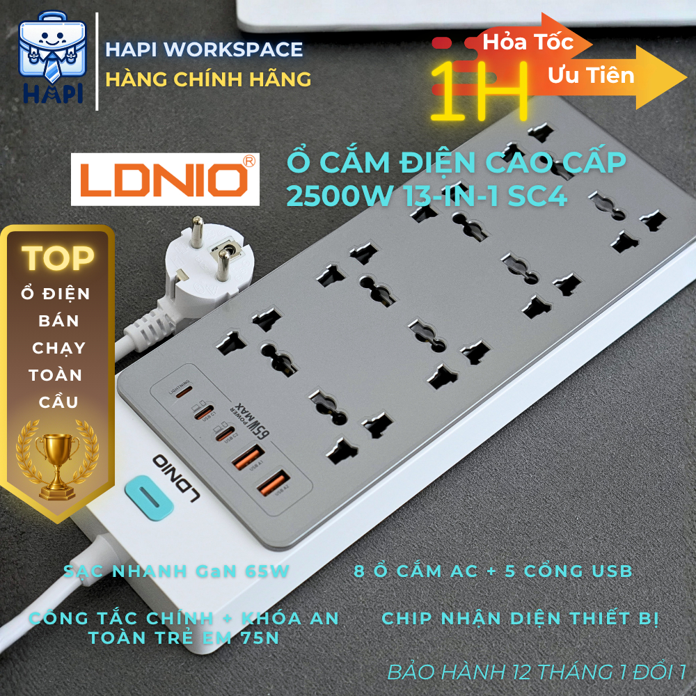 Ổ điện cao cấp 2500W 13in1 sạc nhanh GaN công suất lớn 65W LDNIO SC4 8 ổ cắm AC và 5 cổng USB