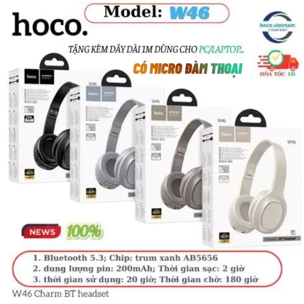 Tai Nghe Bluetooth Hoco W46,Tai nghe Headphone,Pin 20h Sử dụng,Chờ 180h( Tặng kèm dây để dùng cho PC