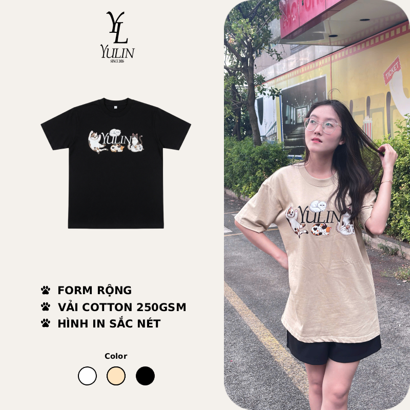 Áo thun Unisex YULIN Cute Cats form Oversize tay lỡ, cotton 100% 250gsm dày dặn mềm mịn