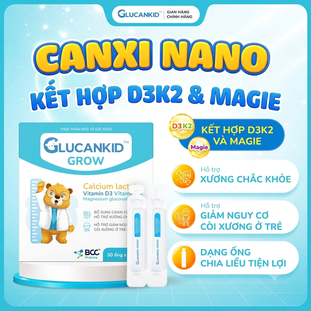TPBVSK Glucankid Grow - Canxi nano hấp thu hiệu quả hỗ trợ bổ sung canxi dạng ống chia liều tiện lợi