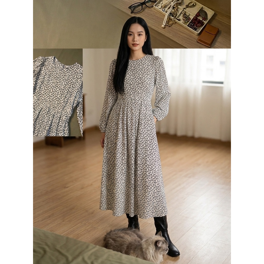 Đầm Suông Màu Trắng Hoa Nhí Cổ Tròn Dài Tay - Váy Maxi Dáng Dài Chân Váy Xếp Ly Sang Chảnh