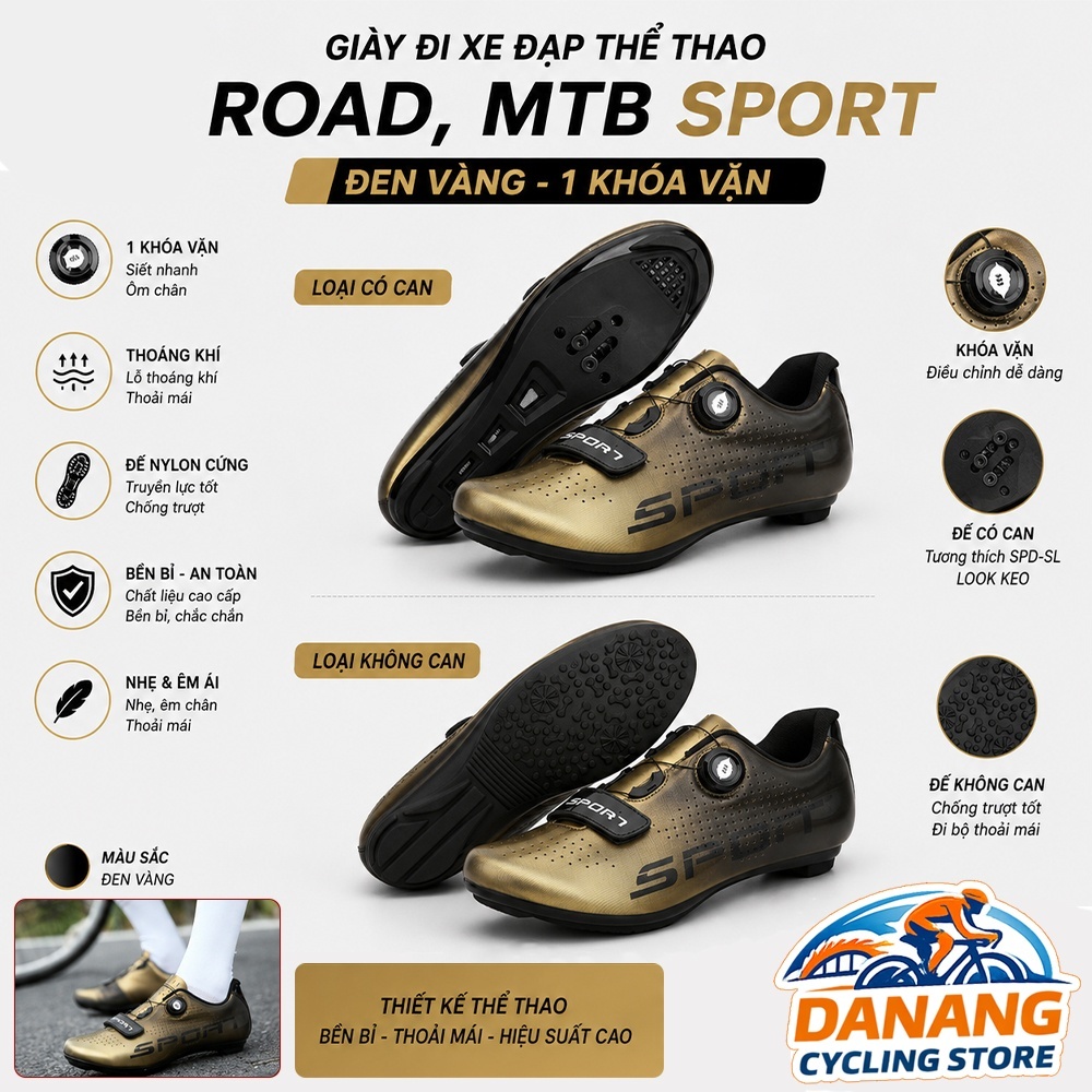 Giày Đạp Xe Thể Thao Road/MTB SPORT – 1 Khóa Vặn (Đen Vàng)