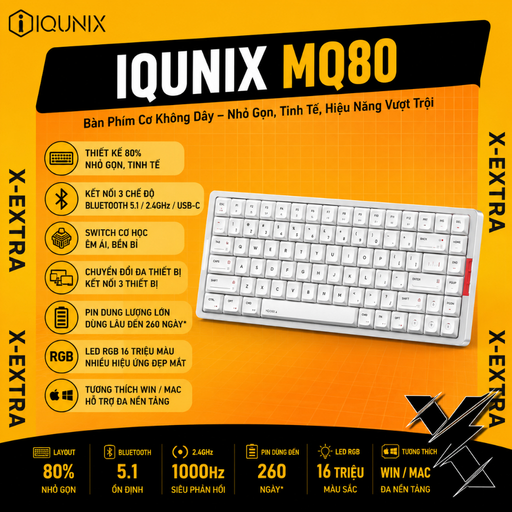 Bàn Phím Cơ IQUNIX MQ80 Low Profile 80% Chính Hãng | Bluetooth 5.1/2.4GHz/USB-C, Hot Swap, RGB, VIA,