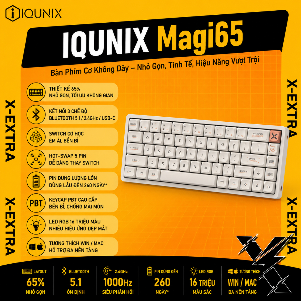 Bàn Phím Cơ Không Dây IQUNIX Magi65 Low Profile 65% | Wireless Bluetooth 5.1, 2.4GHz, USB-C, Hot Swa