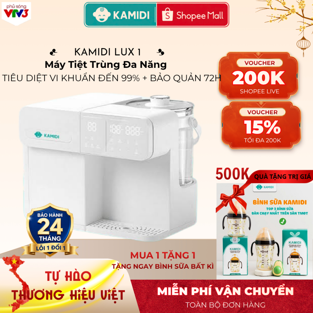 Máy Tiệt Trùng UV Kamidi Lux 1 Tiệt Trùng Bình Sữa Lấy Nước Tự Động Tích Hợp Đun Nước Pha Sữa Cho Bé