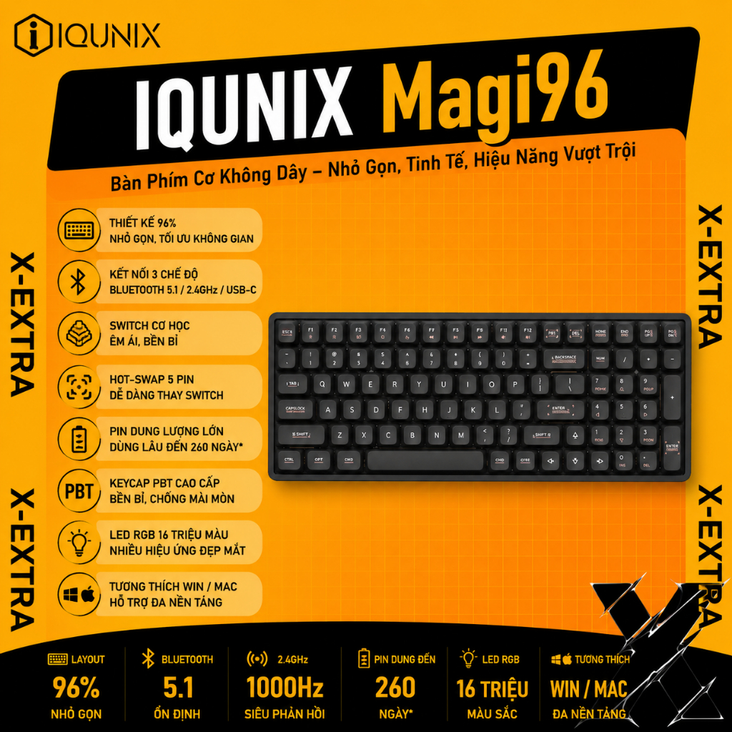 Bàn Phím Cơ IQUNIX Magi96 Low Profile 96% Chính Hãng | Nhôm CNC, Bluetooth/2.4GHz/USB-C, Hot Swap, V