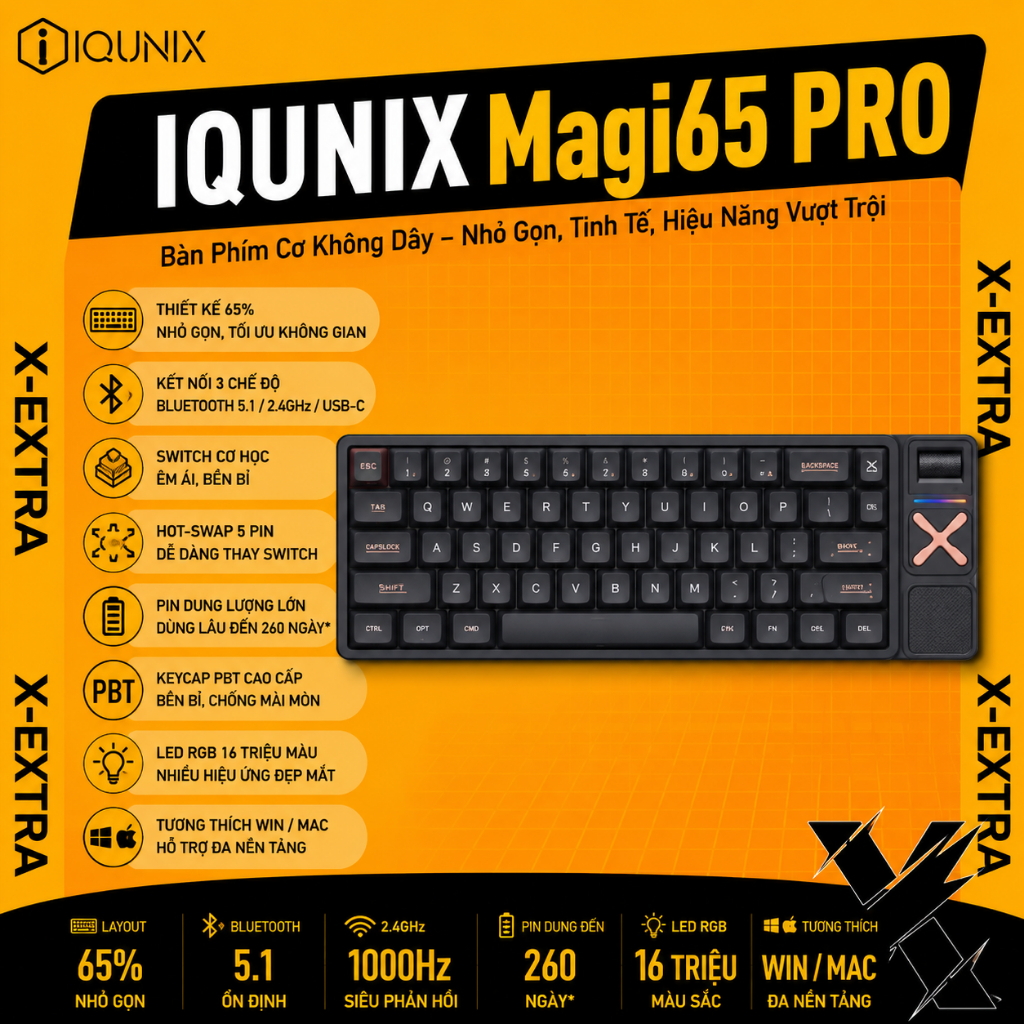 Bàn Phím Cơ IQUNIX Magi65 Pro Low Profile 65% Chính Hãng | Bluetooth/2.4GHz/USB-C, Hot Swap, RGB, Tư