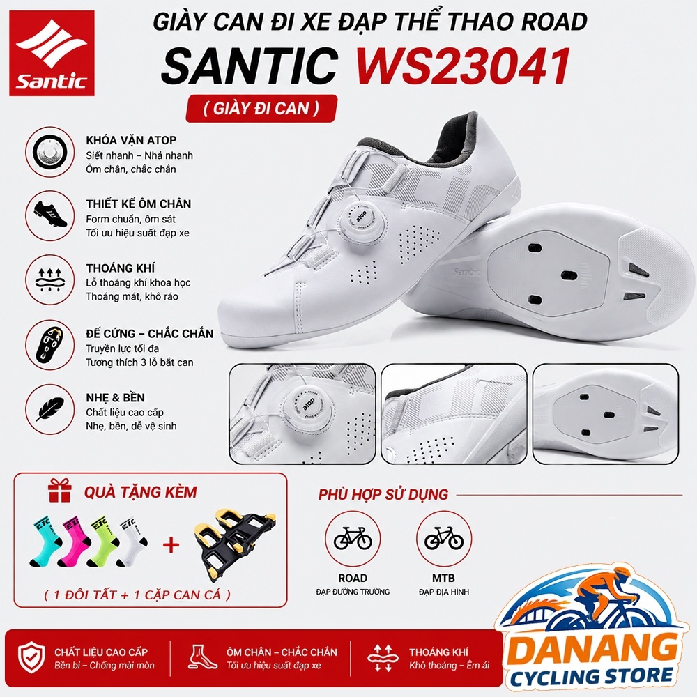 Giày Đi Can Đạp Xe Thể Thao Road SANTIC WS23041 – 1 Khóa Vặn (Trắng)