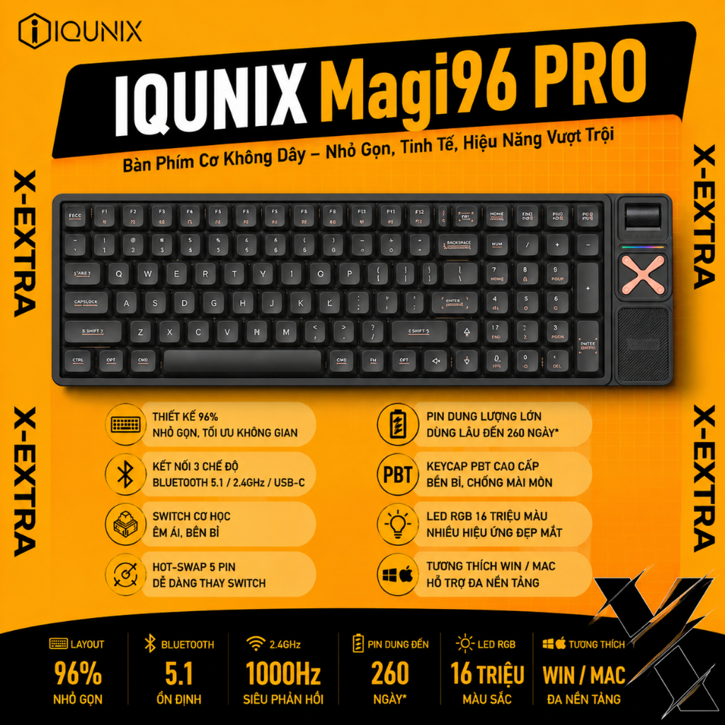 Bàn Phím Cơ Không Dây IQUNIX Magi96 Pro Low Profile 96% | Bluetooth, 2.4GHz, USB-C, Hot Swap, RGB, C
