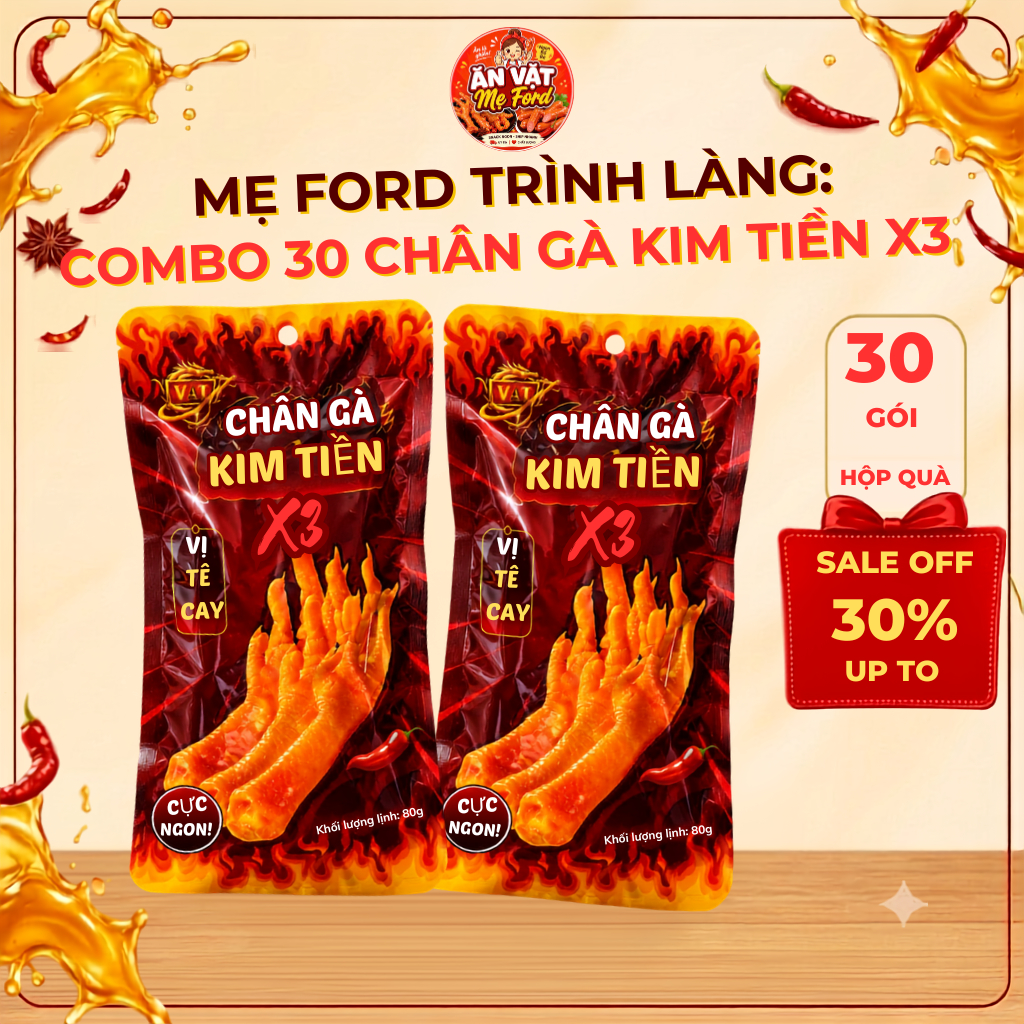 Combo 30 gói Chân Gà Kim Tiền VAT X3 Vị Tê Cay 80g – Gói 3 chân Cay Ngon, Dai Giòn, Ăn Vặt Hấp Dẫn