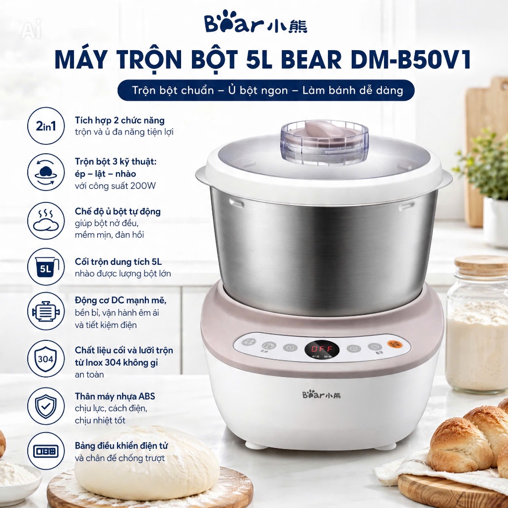 Máy trộn bột Bear DM-B50V1 5L - Hồng phấn, công suất 200W, màn hình điện tử hẹn giờ tự động