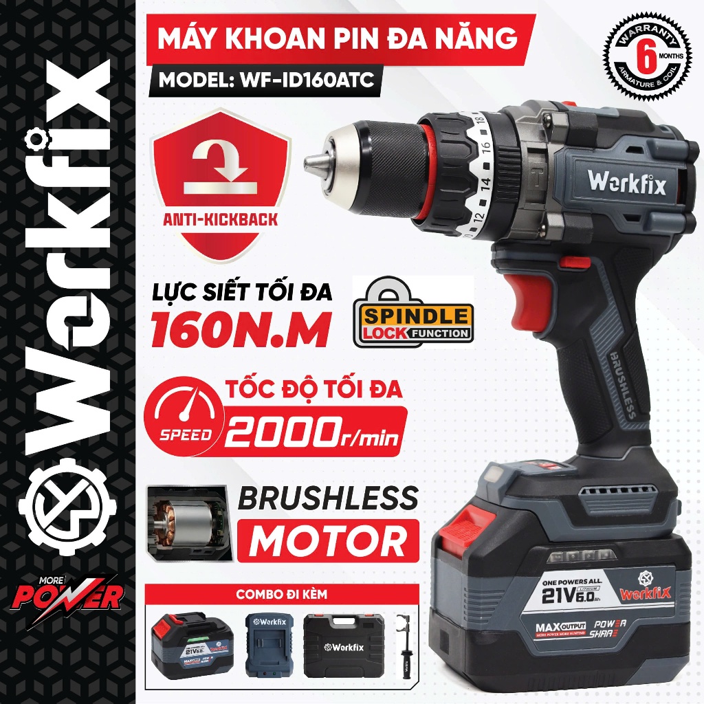 Máy Khoan Pin Workfix 160Nm WF-ID160ATC, Lực siết 160Nm - Tạo Xung - Antikickback-Không chổi than