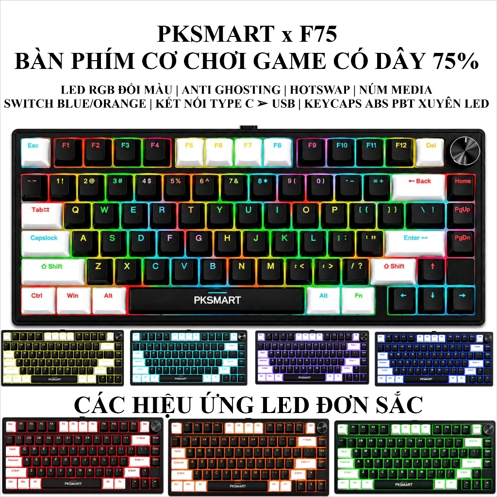 PKSMART x F75 - Bàn Phím Cơ Chơi Game Có Dây Tháo Rời 75% | LED RGB Đổi Màu | Anti Ghosting | Blue/O