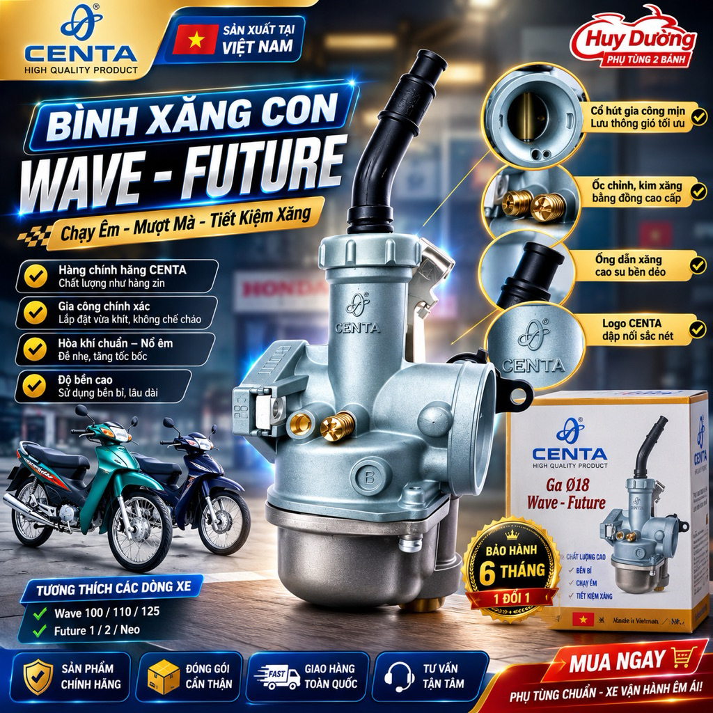 Bình xăng con CENTA Ga 18 Wave Future 110cc chính hãng | Chế hòa khí Wave 100 110 Future Neo chạy êm