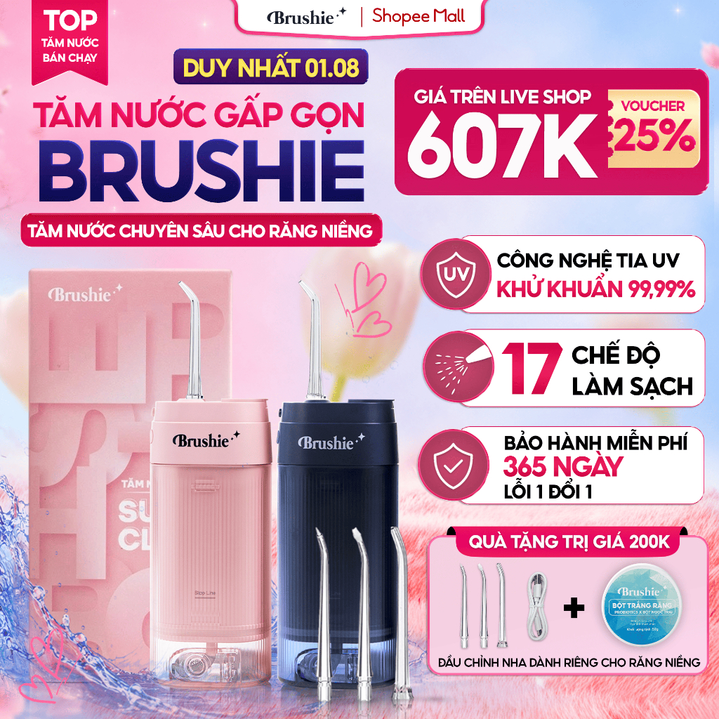 [GIÁ 607K LIVE SHOP] Tăm Nước BRUSHIE SUPER CLEAN Bản Cải Tiến Flossie 17 Chế Độ Làm Sạch Sâu Cho Ng