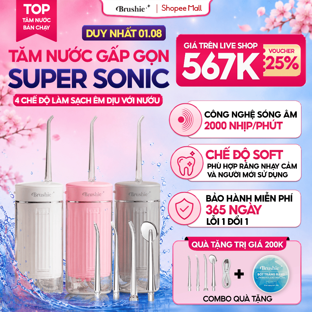 [GIÁ 567K TẠI LIVE SHOP] Tăm Nước Cầm Tay Brushie Super Sonic, Flossie Tăm Nước Du Lịch Phiên Bản Mớ