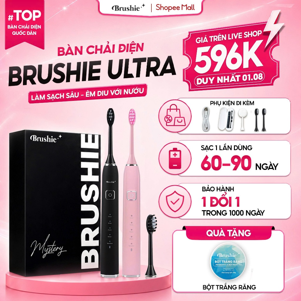 [GIÁ 557K LIVE SHOP] Bàn Chải Điện Brushie Ultra Plus Lông Mềm Mại An Toàn, Làm Sạch Mảng Bám, Tích 