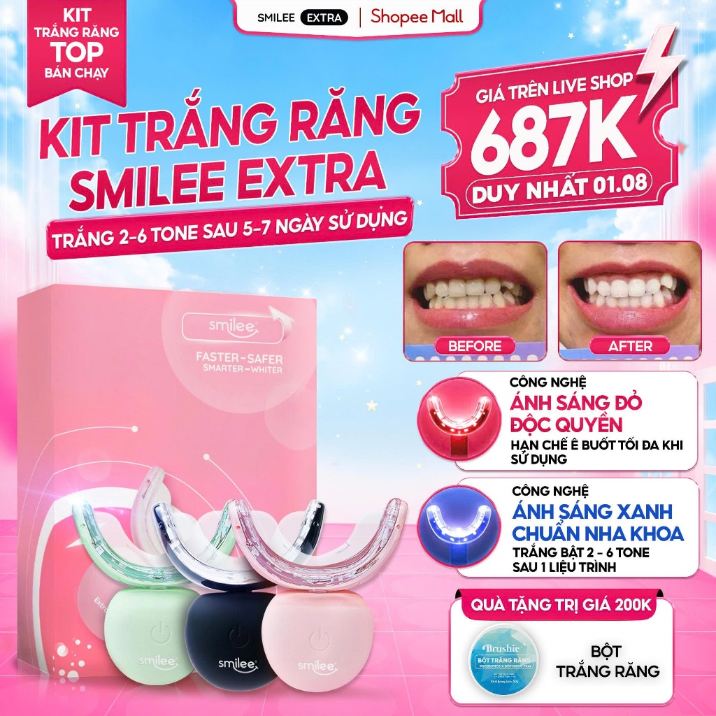 [GIÁ 615K LIVE ECOGO] Bộ Kit Trắng Răng SMILEE EXTRA, trắng răng từ 3-6 tone sau một liệu trình tại 
