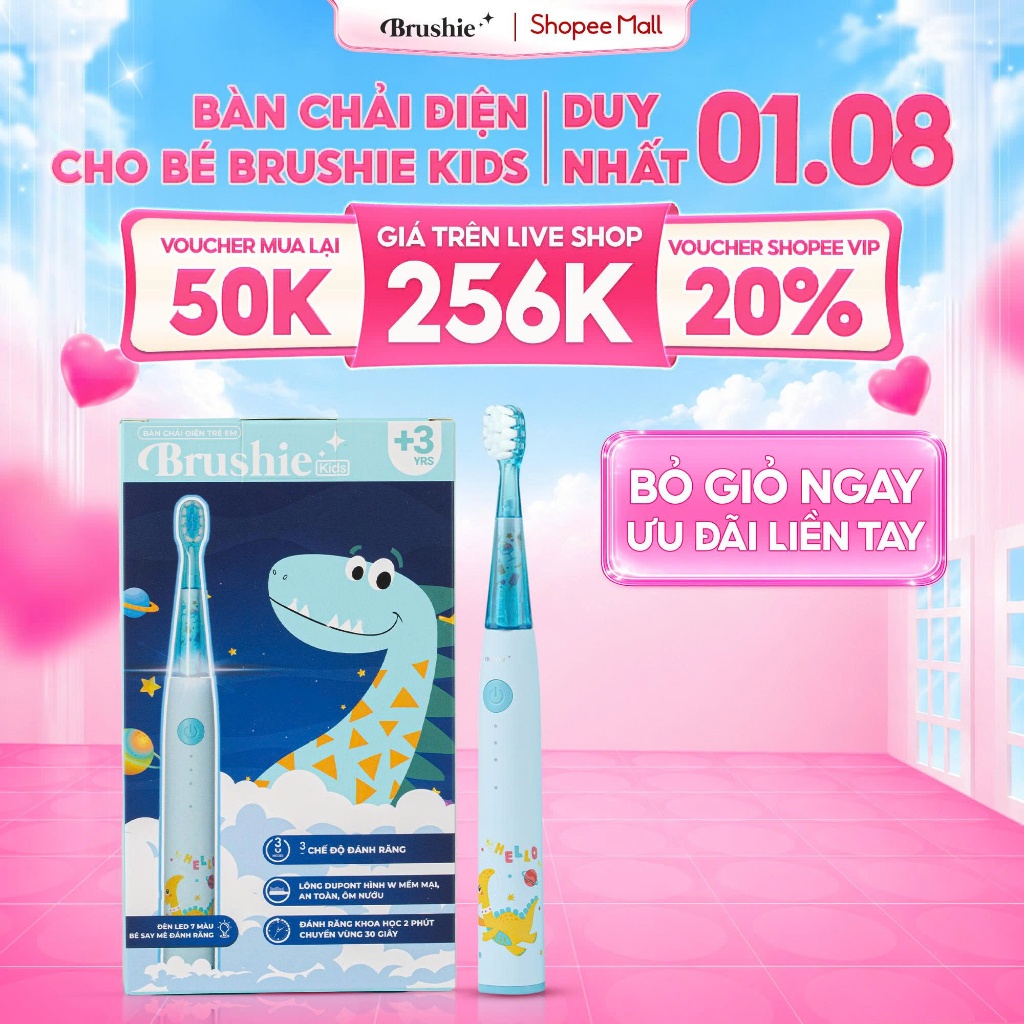 [GIÁ 256K TẠI LIVE SHOP] Bàn chải điện cho bé Brushie Kids 3 chế độ làm sạch, lông mềm cho răng nhạy