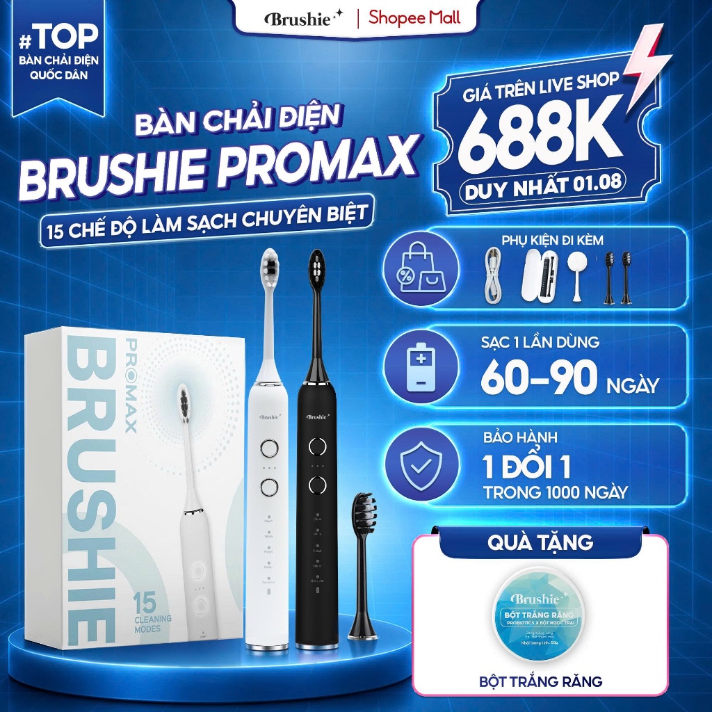 [GIÁ 688K LIVE SHOP] Bàn Chải Điện Brushie Promax 15 Chế Độ Làm Sạch Phù Hợp Cả Cho Răng Nướu Nhạy C