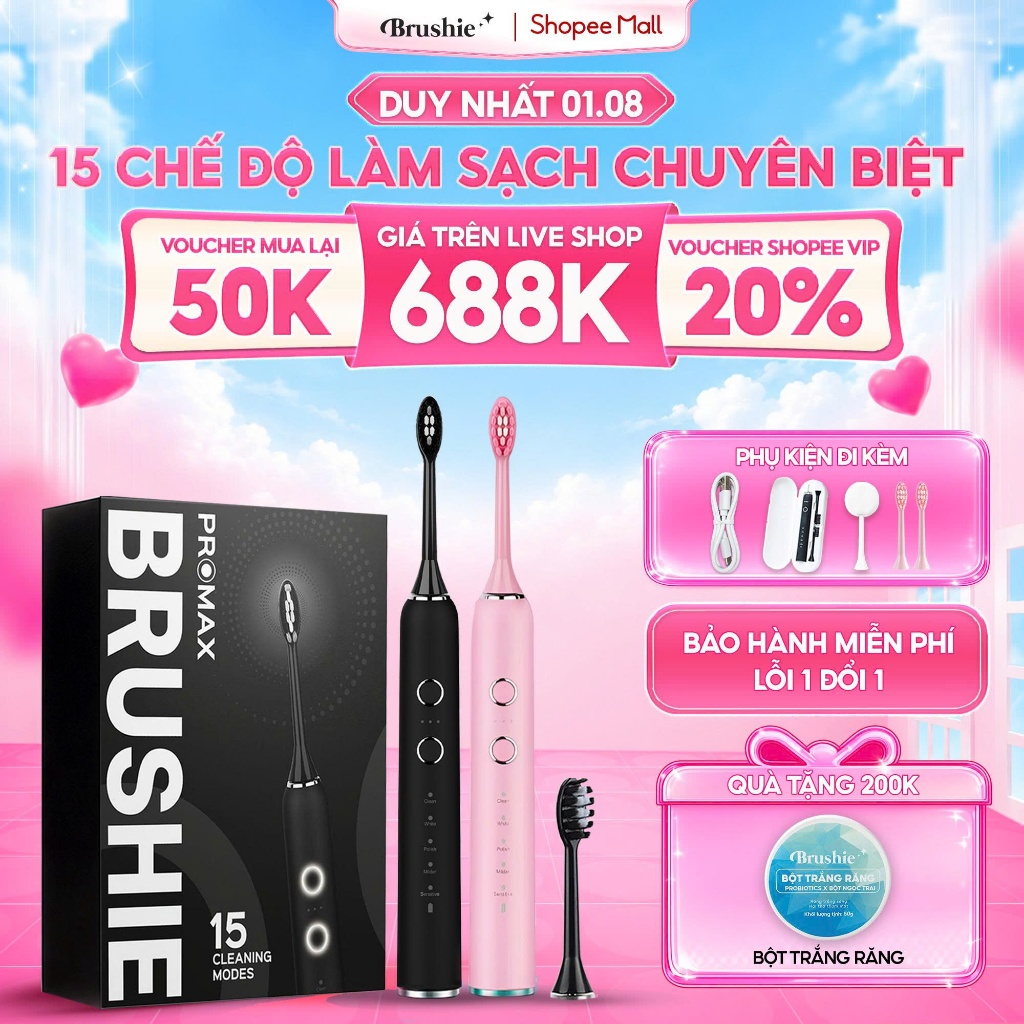 [GIÁ 595K LIVE ECOGO MẠNH QUÂN] Bàn chải điện Brushie Promax tích hợp 15 chế độ làm sạch sâu, Loại b